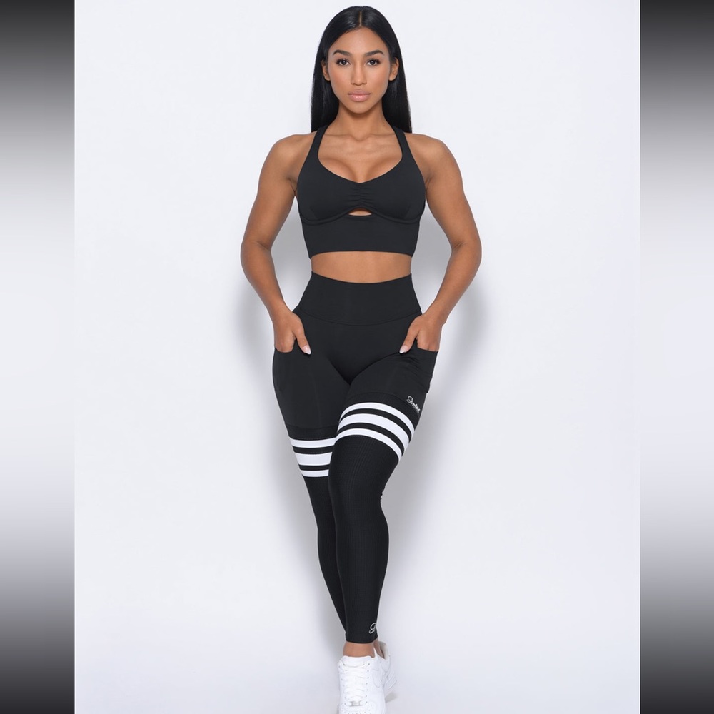 Women's Black High-Waist Leggings with White Stripes